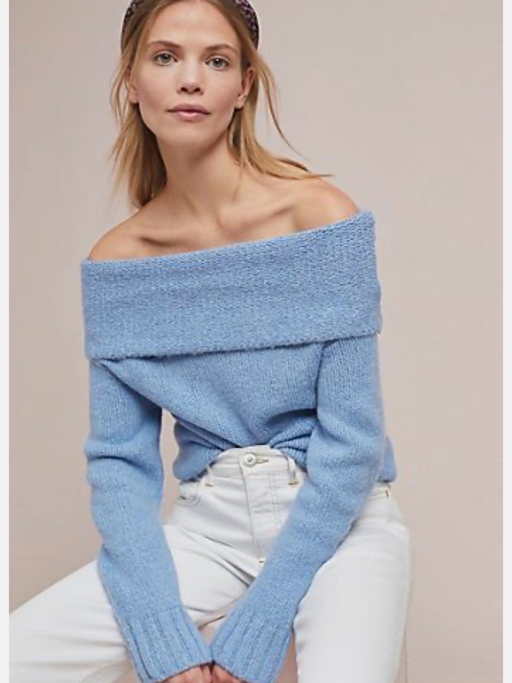 Anthropologie Off-the-Shoulder Fold-Over Sweater in Light Blue